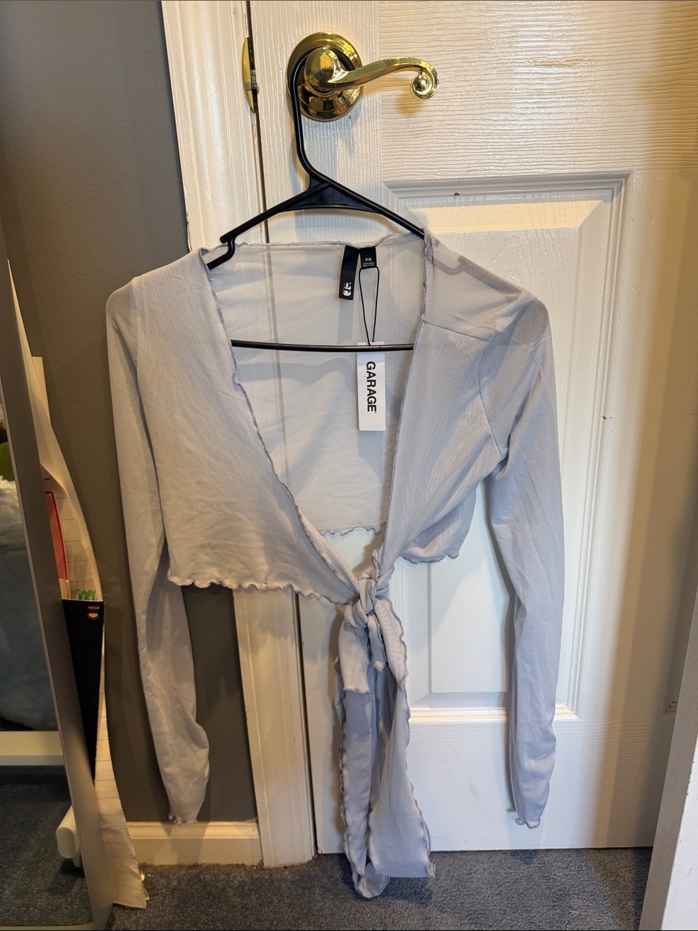 Garage Light Gray Tie-Front Long Sleeve Crop Top